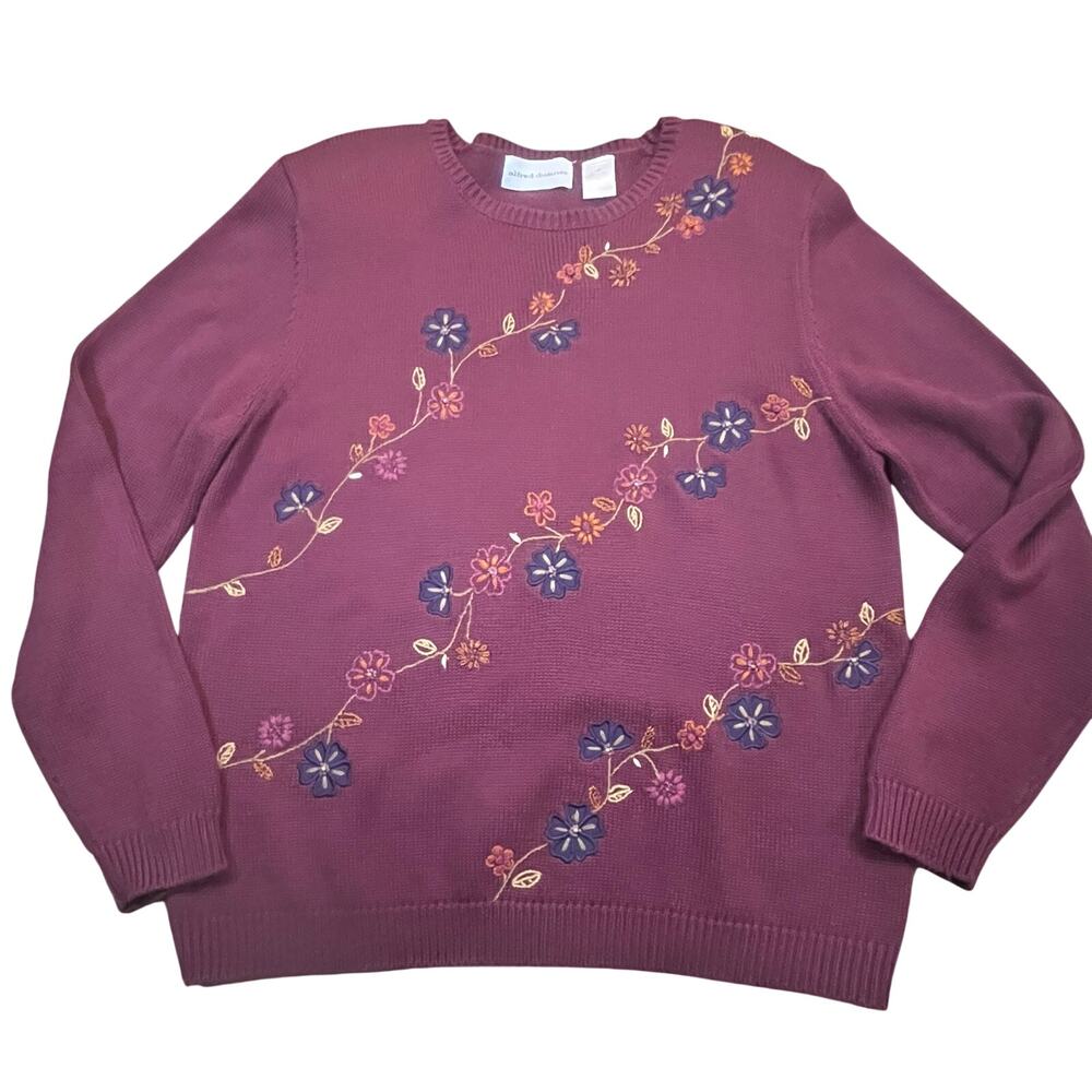 Alfred Dunner Floral Embroidered Sweater Womens M Burgundy Crewneck‎